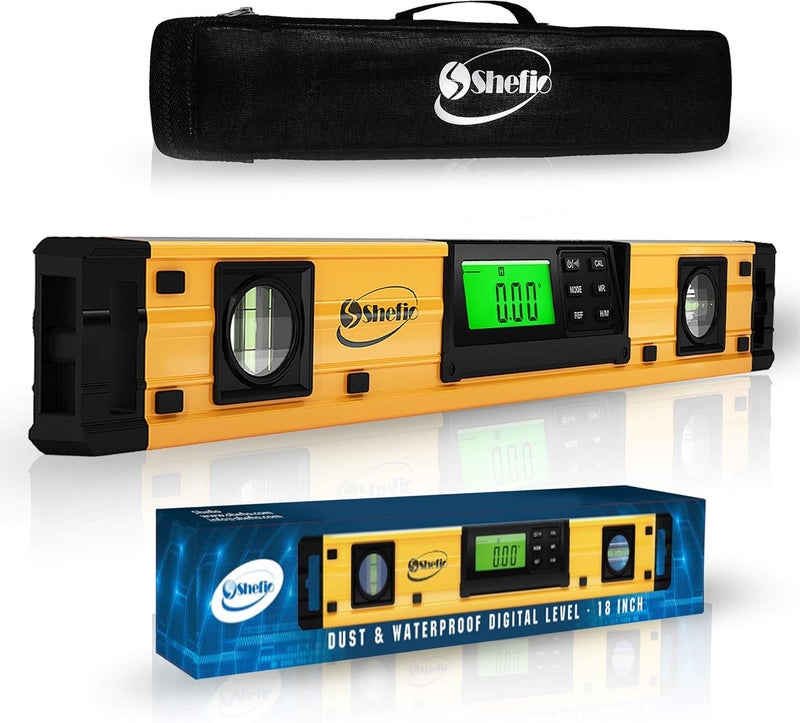 Shefio Digital Level - 18 Inch Magnetic, IP54 Dustproof and Waterproof - Protractor - Includes Batteries and Carrying Case - Image 1